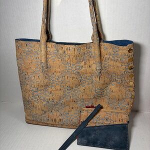 Hammitt Oliver Shoulder Tote Handbag In Cork Embossed Navy W/ Wallet